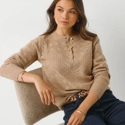 Trui En Vest<Blancheporte Trui met Tunesische hals, in ajourtricot naturel