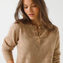 Trui En Vest<Blancheporte Trui met Tunesische hals, in ajourtricot naturel