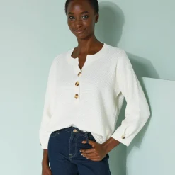Trui En Vest<Blancheporte Trui met Tunesische hals en 3/4-mouwen, fantasietricot ecru