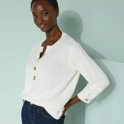 Trui En Vest<Blancheporte Trui met Tunesische hals en 3/4-mouwen, fantasietricot ecru