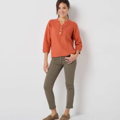 Trui En Vest<Blancheporte Trui met Tunesische hals en 3/4-mouwen, fantasietricot donkeroranje