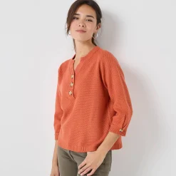 Trui En Vest<Blancheporte Trui met Tunesische hals en 3/4-mouwen, fantasietricot donkeroranje