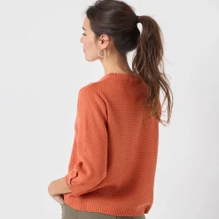 Trui En Vest<Blancheporte Trui met Tunesische hals en 3/4-mouwen, fantasietricot donkeroranje
