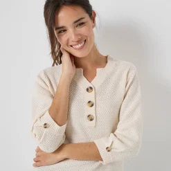 Trui En Vest<Blancheporte Trui met Tunesische hals en 3/4-mouwen, fantasietricot ecru