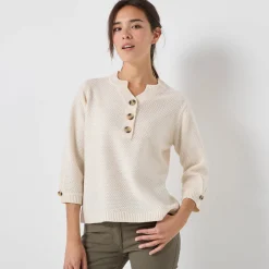 Trui En Vest<Blancheporte Trui met Tunesische hals en 3/4-mouwen, fantasietricot ecru