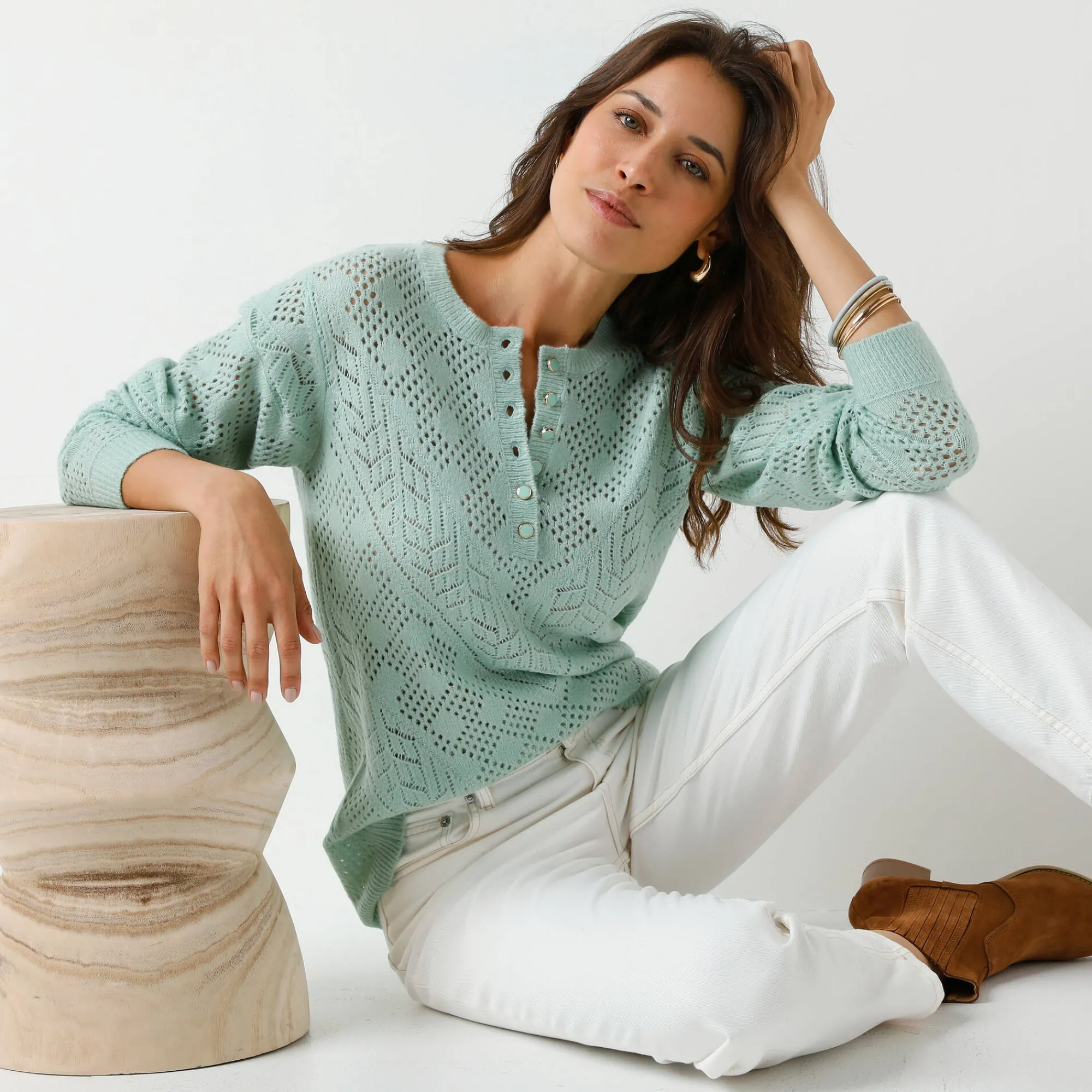 Trui En Vest<Blancheporte Trui met Tunesische hals, in ajourtricot watergroen