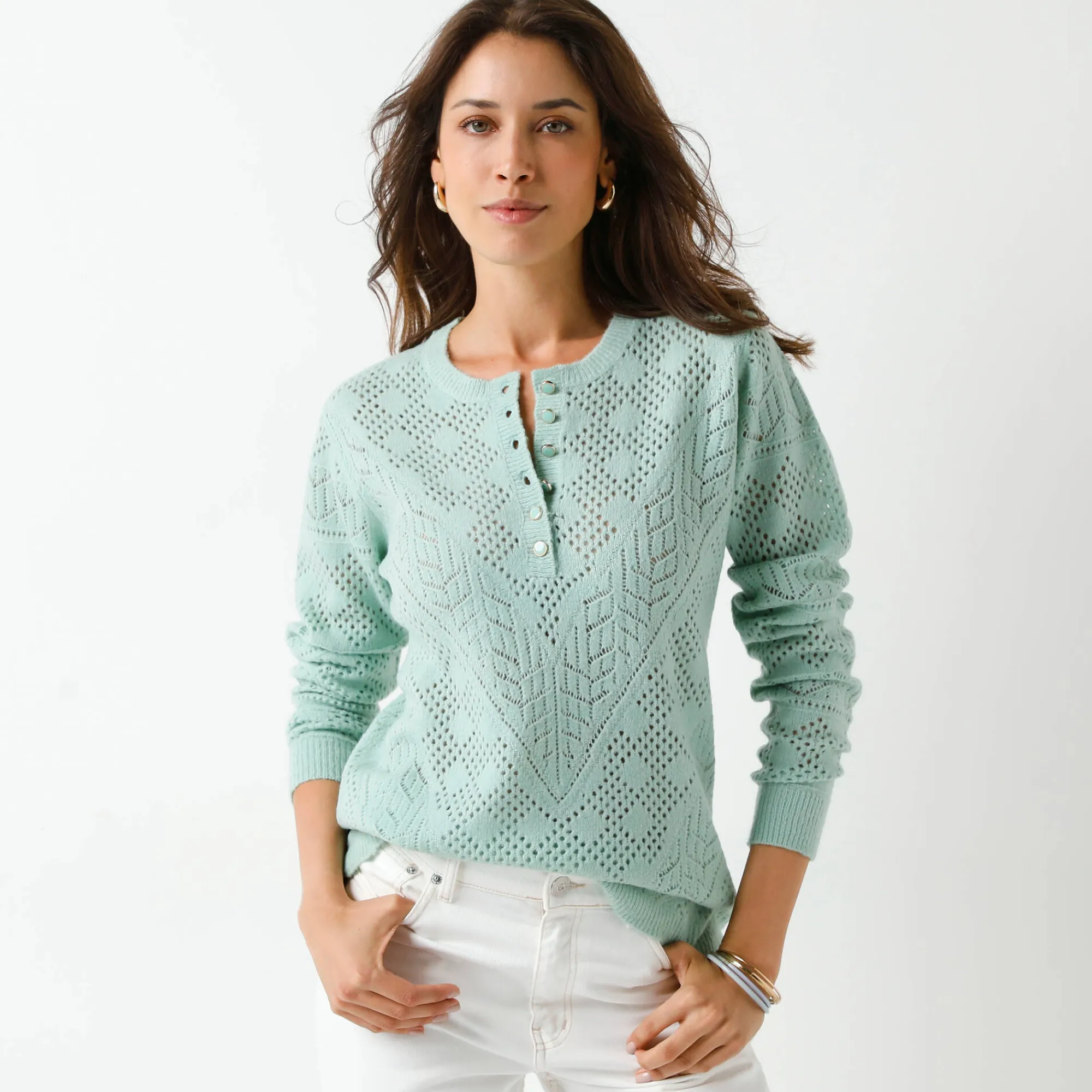 Trui En Vest<Blancheporte Trui met Tunesische hals, in ajourtricot watergroen