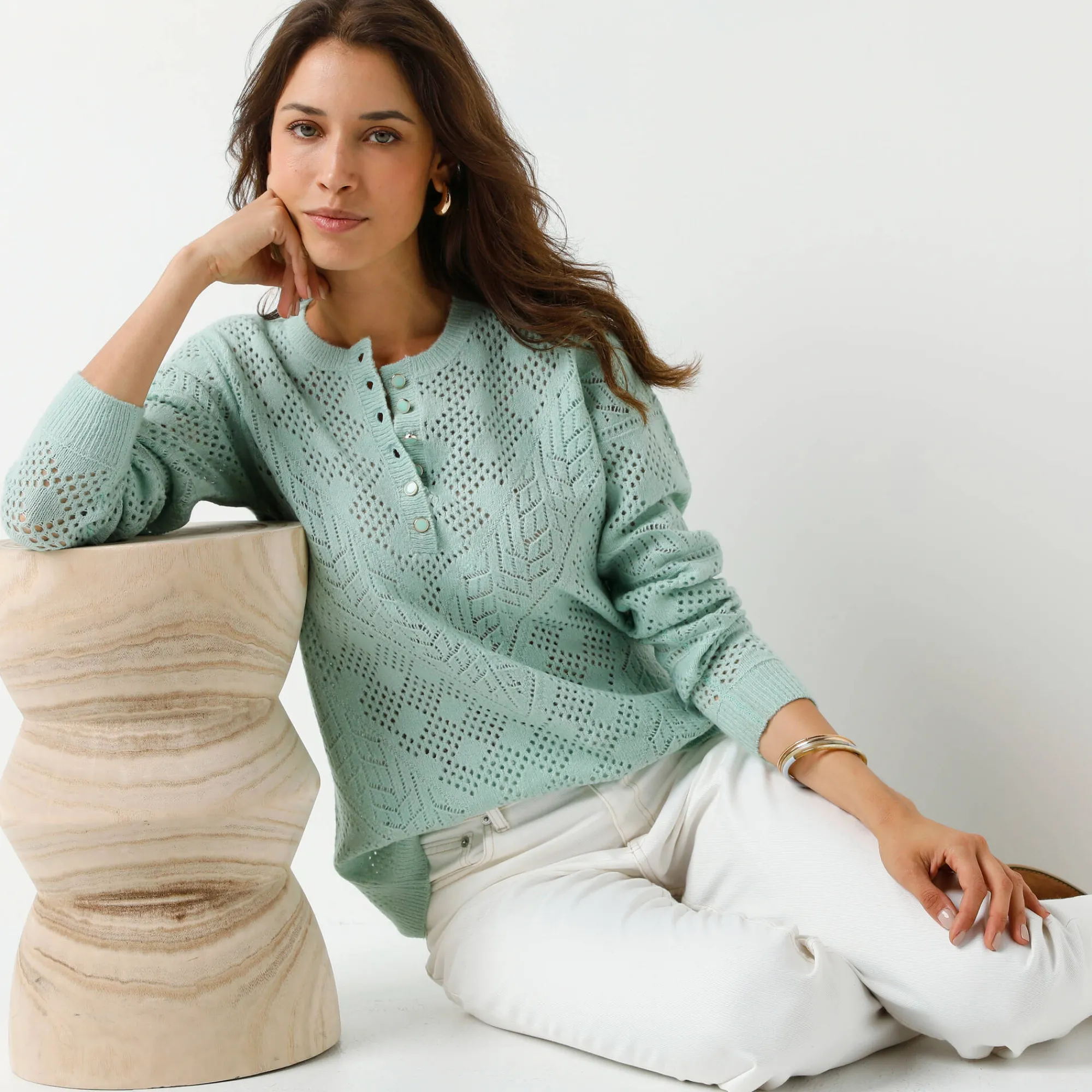 Trui En Vest<Blancheporte Trui met Tunesische hals, in ajourtricot watergroen