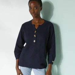 Trui En Vest<Blancheporte Trui met Tunesische hals en 3/4-mouwen, fantasietricot marine