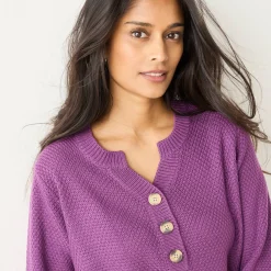 Trui En Vest<Blancheporte Trui met Tunesische hals en 3/4-mouwen, fantasietricot paars