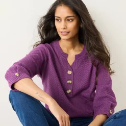 Trui En Vest<Blancheporte Trui met Tunesische hals en 3/4-mouwen, fantasietricot paars