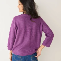 Trui En Vest<Blancheporte Trui met Tunesische hals en 3/4-mouwen, fantasietricot paars