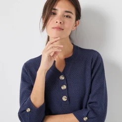 Trui En Vest<Blancheporte Trui met Tunesische hals en 3/4-mouwen, fantasietricot marine