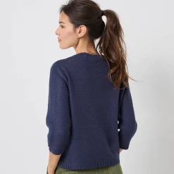 Trui En Vest<Blancheporte Trui met Tunesische hals en 3/4-mouwen, fantasietricot marine
