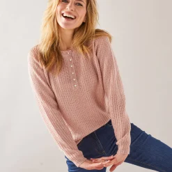 Trui En Vest<Blancheporte Trui met Tunesische hals, patenttricot met zachte touch poederroze