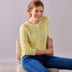 Trui En Vest<Blancheporte Trui met Tunesische hals, patenttricot met zachte touch lichtgeel