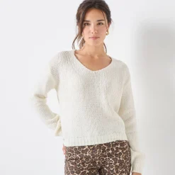 Trui En Vest<Blancheporte Trui met V-hals en loose volume, mohairtouch ecru