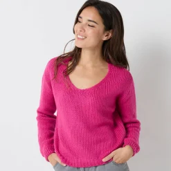 Trui En Vest<Blancheporte Trui met V-hals en loose volume, mohairtouch fuchsiaroze