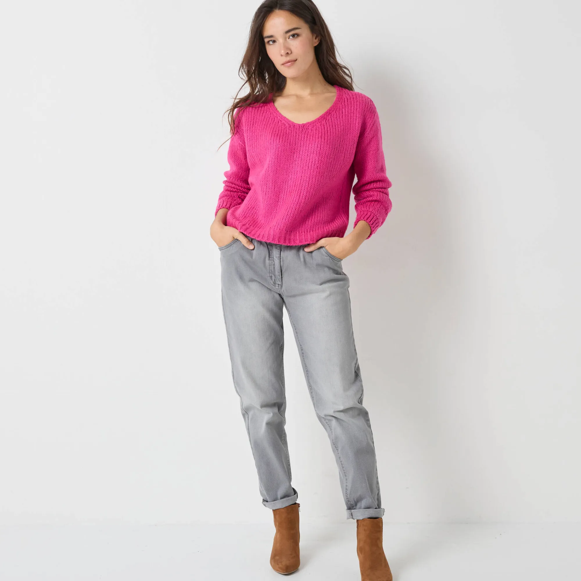 Trui En Vest<Blancheporte Trui met V-hals en loose volume, mohairtouch fuchsiaroze
