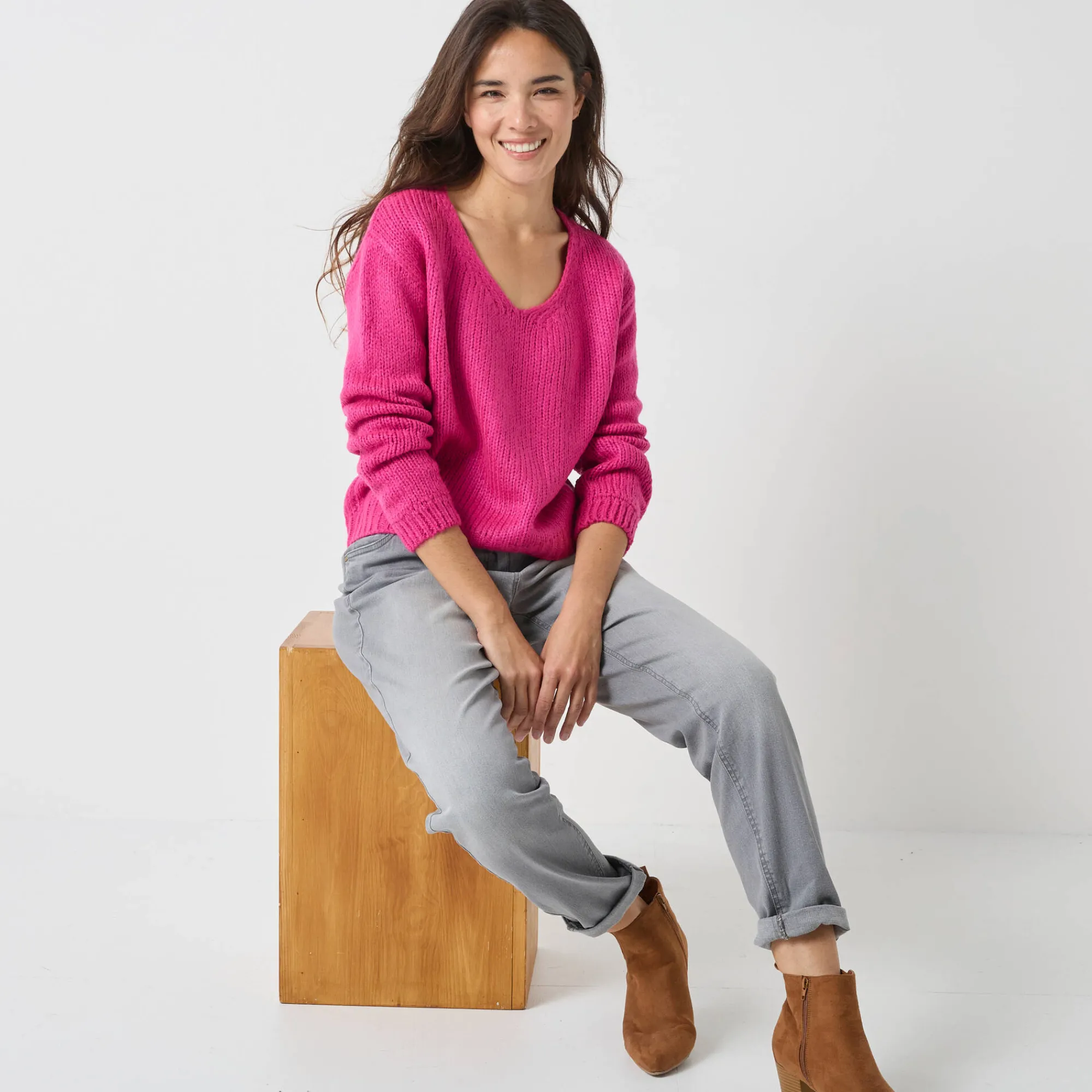 Trui En Vest<Blancheporte Trui met V-hals en loose volume, mohairtouch fuchsiaroze