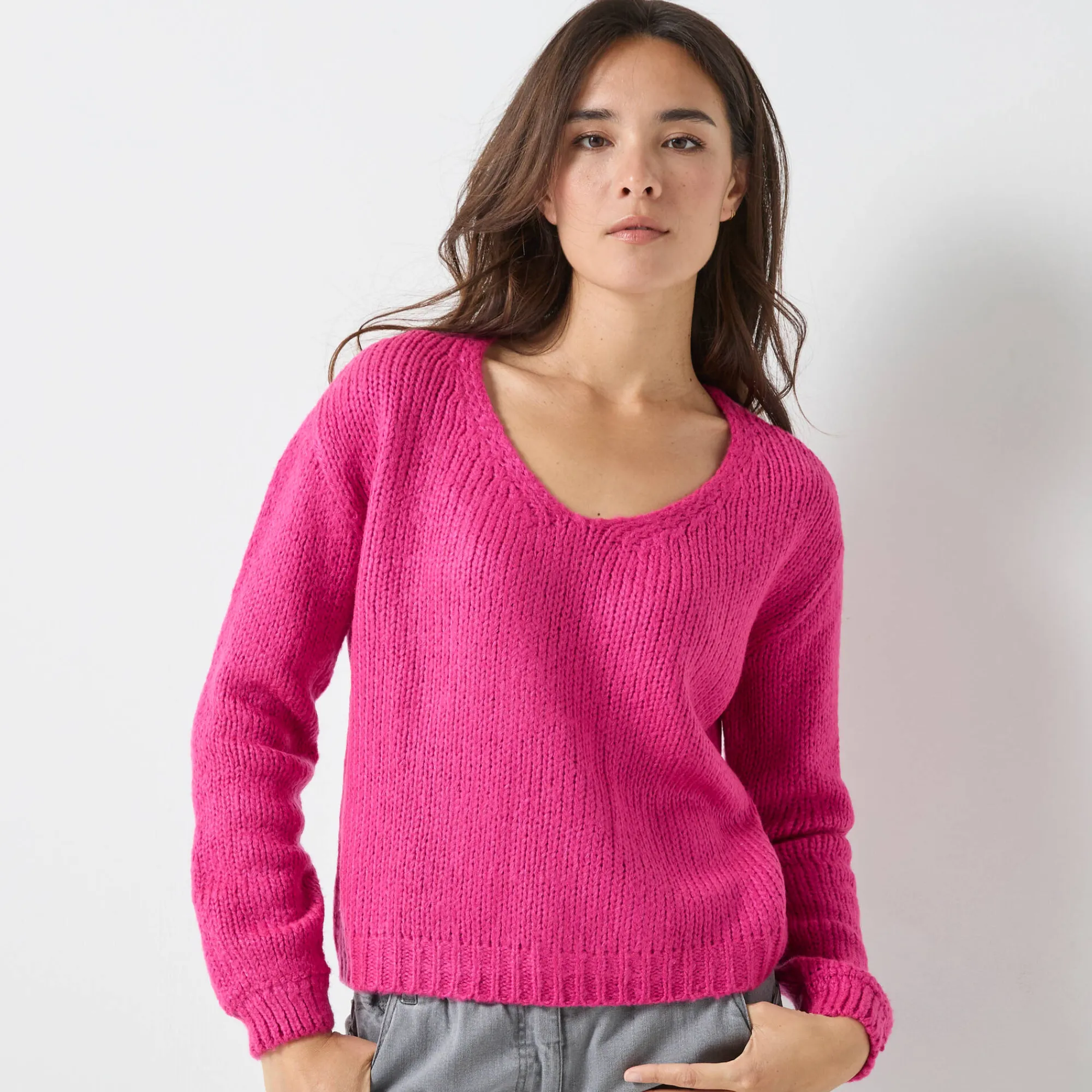 Trui En Vest<Blancheporte Trui met V-hals en loose volume, mohairtouch fuchsiaroze