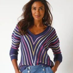 Trui En Vest<Blancheporte Trui met V-hals in fantasietricot, grafische strepenprint indigo / veelkleurig