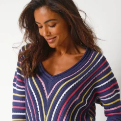 Trui En Vest<Blancheporte Trui met V-hals in fantasietricot, grafische strepenprint indigo / veelkleurig