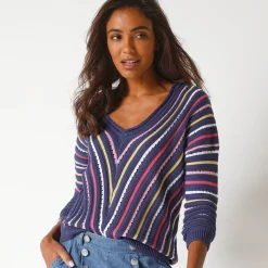 Trui En Vest<Blancheporte Trui met V-hals in fantasietricot, grafische strepenprint indigo / veelkleurig