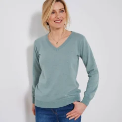 Trui En Vest<Colors&Co Trui met V-hals in lamswol grijsgroen