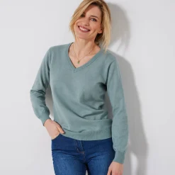 Trui En Vest<Colors&Co Trui met V-hals in lamswol grijsgroen