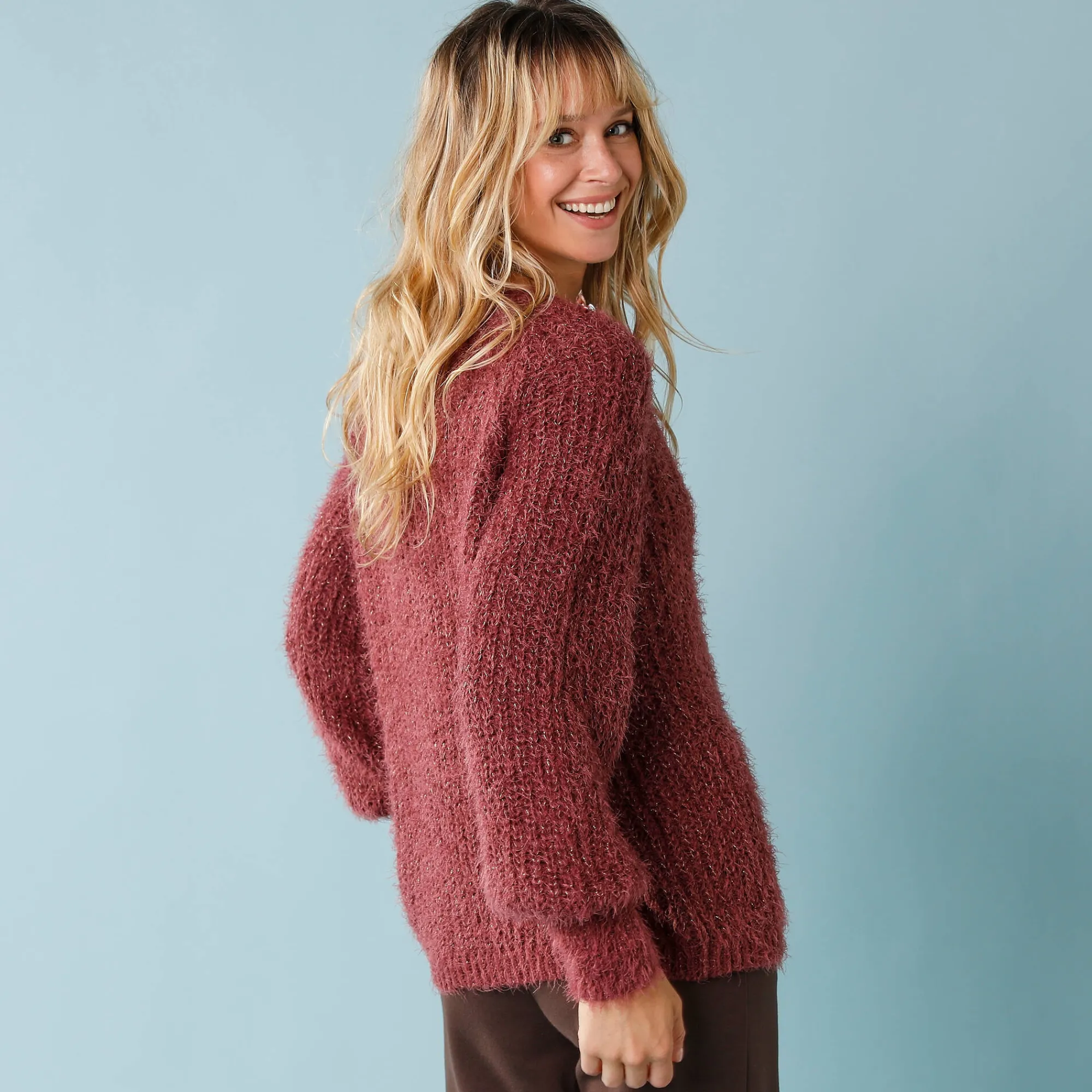 Trui En Vest<Blancheporte Trui met V-hals, 'loose' volume, in fantasie pareltricot vijgenkleur