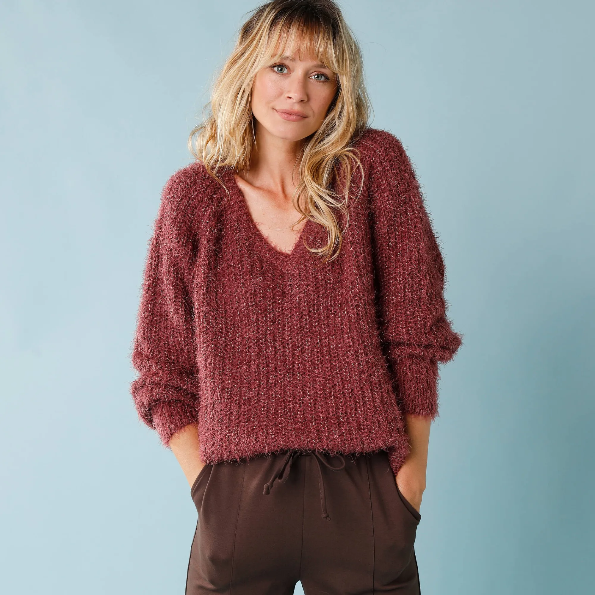 Trui En Vest<Blancheporte Trui met V-hals, 'loose' volume, in fantasie pareltricot vijgenkleur