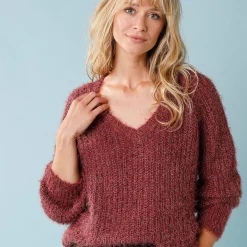 Trui En Vest<Blancheporte Trui met V-hals, 'loose' volume, in fantasie pareltricot vijgenkleur