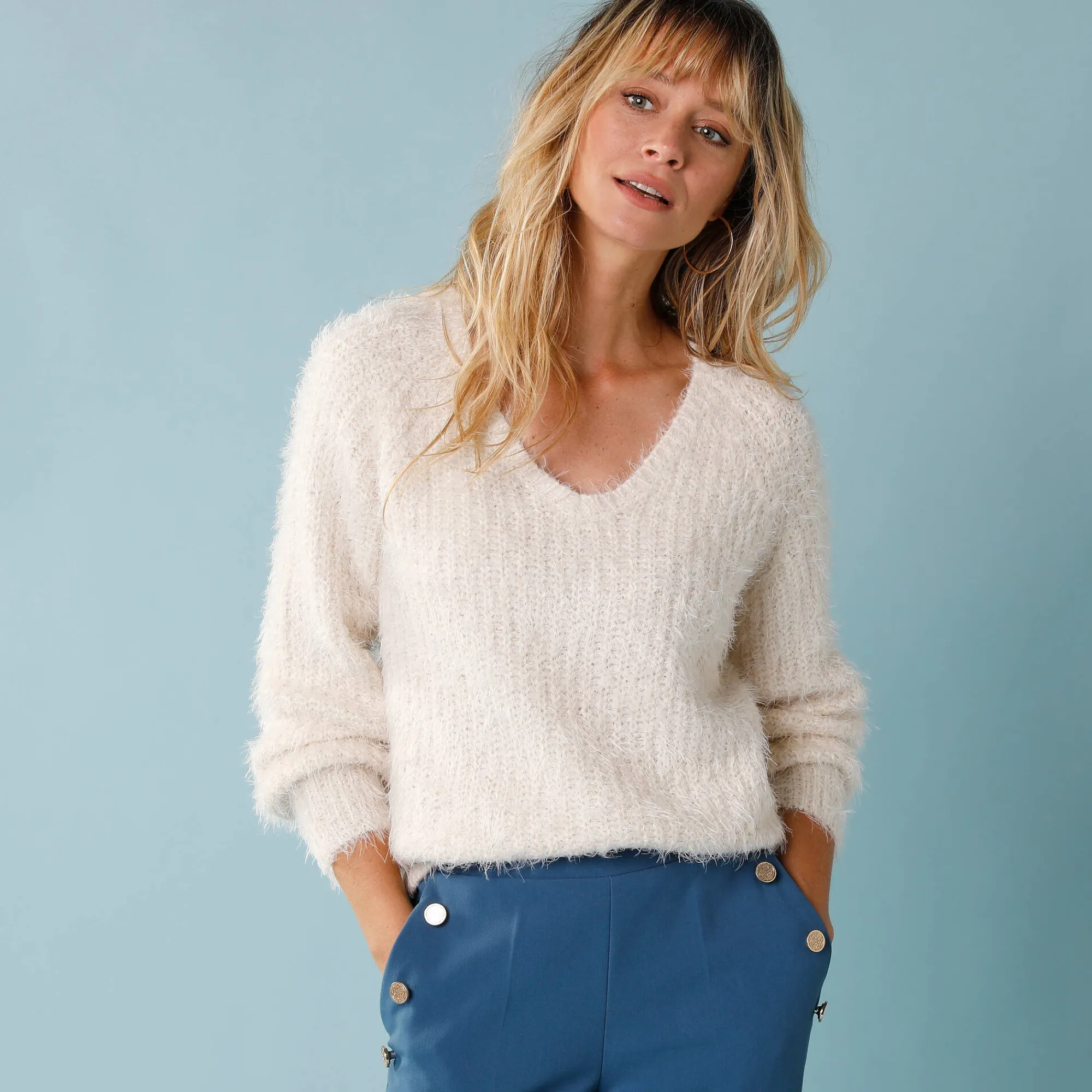 Trui En Vest<Blancheporte Trui met V-hals, 'loose' volume, in fantasie pareltricot ecru