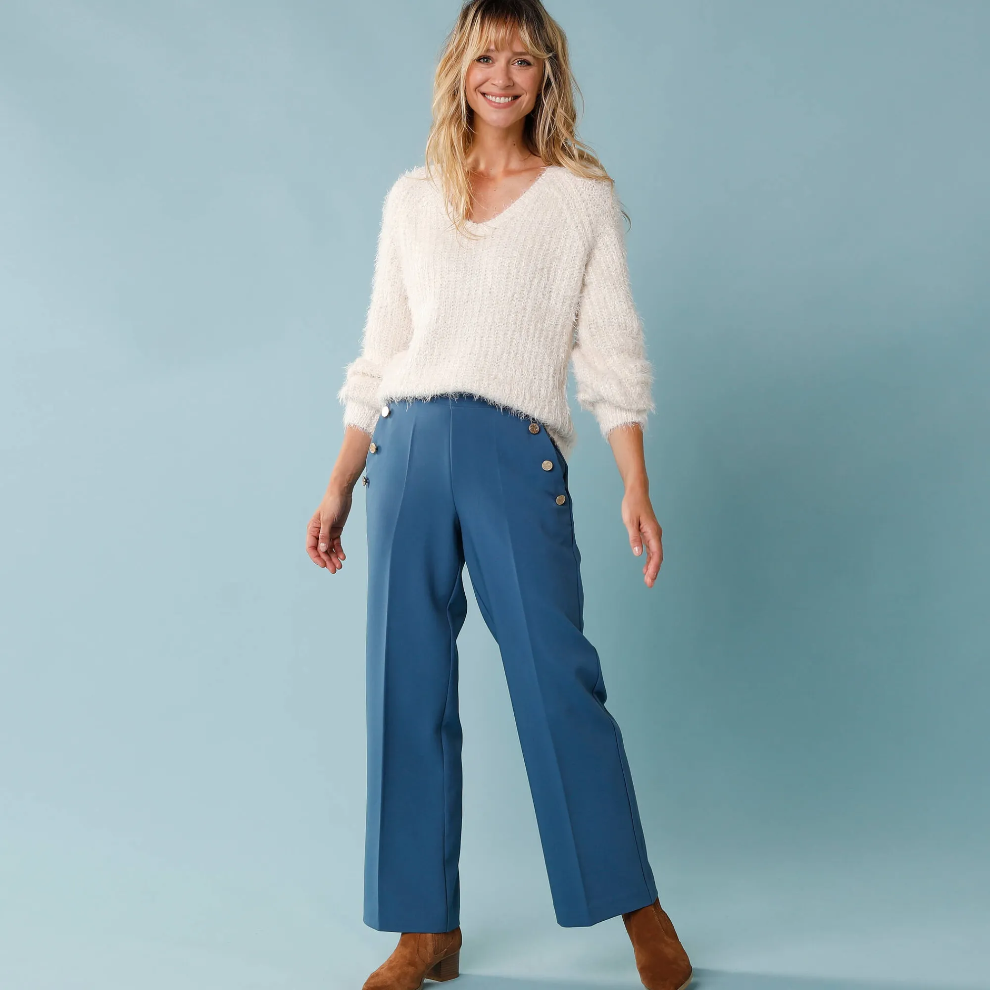 Trui En Vest<Blancheporte Trui met V-hals, 'loose' volume, in fantasie pareltricot ecru