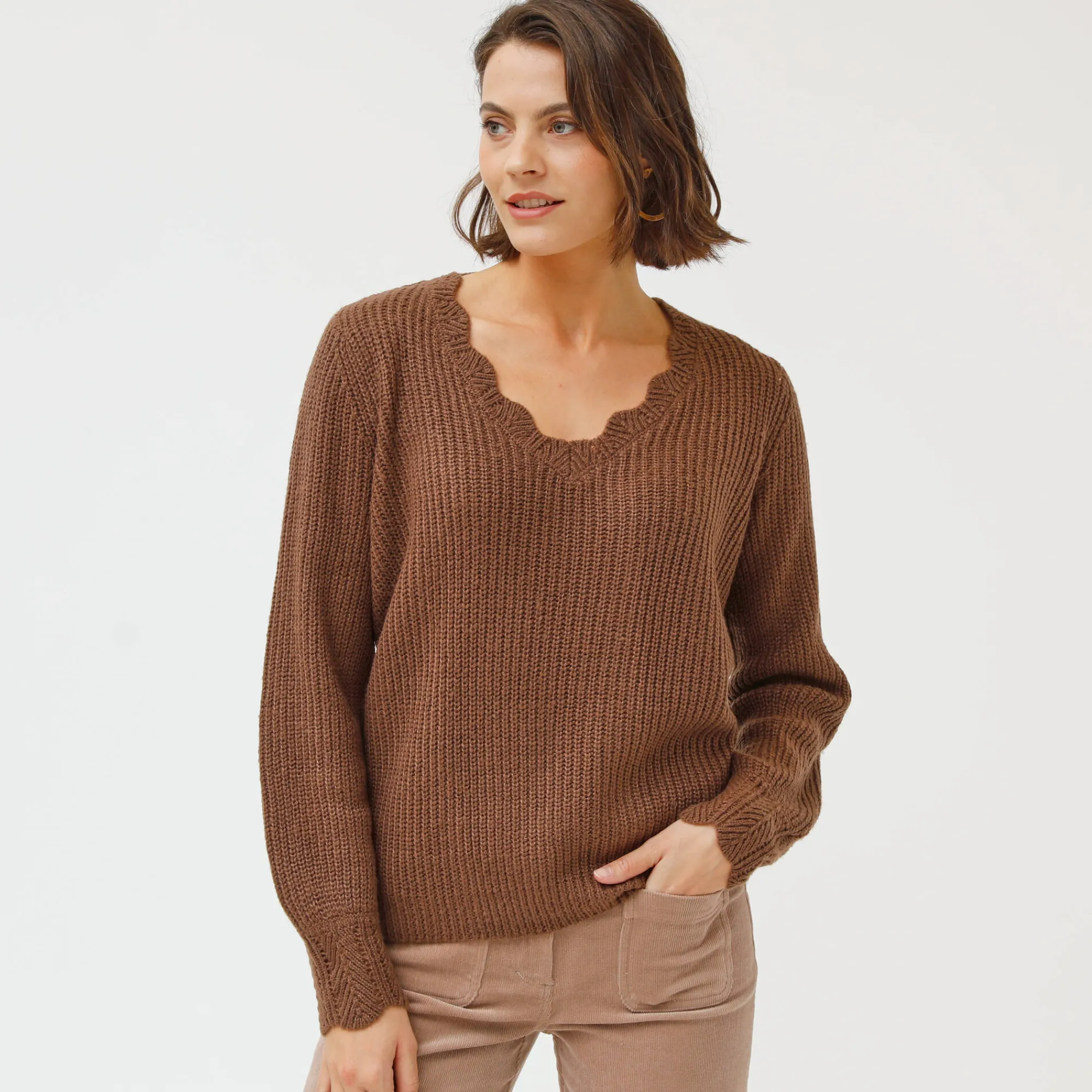 Trui En Vest<Blancheporte Trui met V-hals, patenttricot taupe