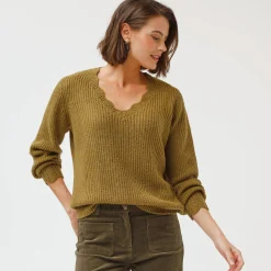 Trui En Vest<Blancheporte Trui met V-hals, patenttricot olijfgroen