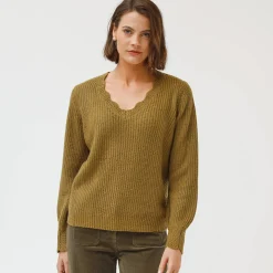 Trui En Vest<Blancheporte Trui met V-hals, patenttricot olijfgroen