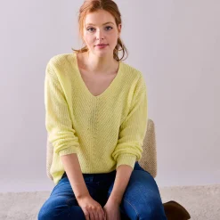 Trui En Vest<Blancheporte Trui met V-hals, patenttricot met zachte touch lichtgeel