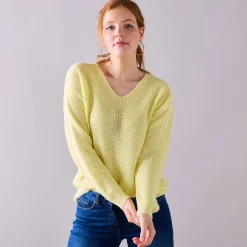 Trui En Vest<Blancheporte Trui met V-hals, patenttricot met zachte touch lichtgeel