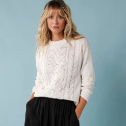 Feestoutfits Dames|Trui En Vest<Blancheporte Trui voor kleine lengtes met kabels en strassen ecru