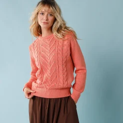 Feestoutfits Dames|Trui En Vest<Blancheporte Trui voor kleine lengtes met kabels en strassen perzik