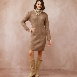 Jurk<Blancheporte Trui-jurk in chiné met lange mouwen, knopen aan een schouder chiné taupe