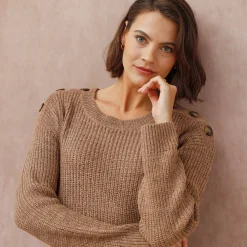 Jurk<Blancheporte Trui-jurk in chiné met lange mouwen, knopen aan een schouder chiné taupe