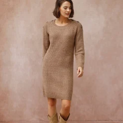 Jurk<Blancheporte Trui-jurk in chiné met lange mouwen, knopen aan een schouder chiné taupe
