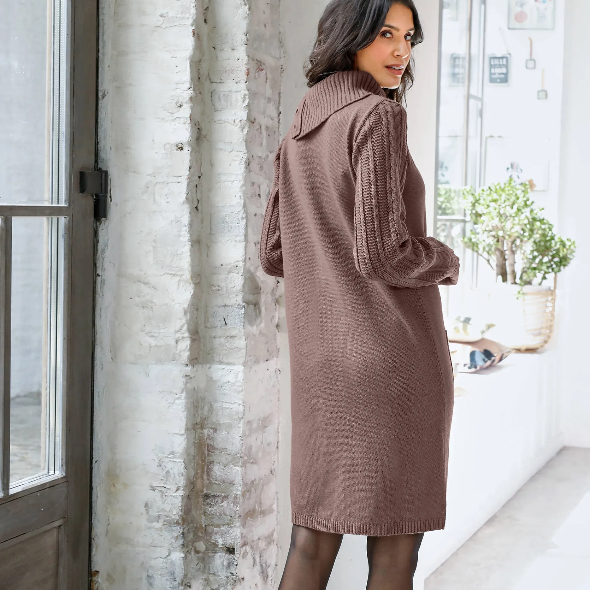 Jurk<Blancheporte Trui-jurk in kabeltricot taupe