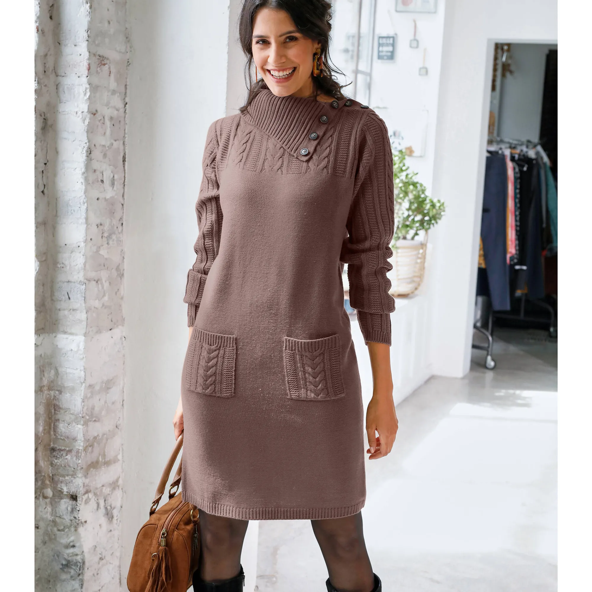 Jurk<Blancheporte Trui-jurk in kabeltricot taupe