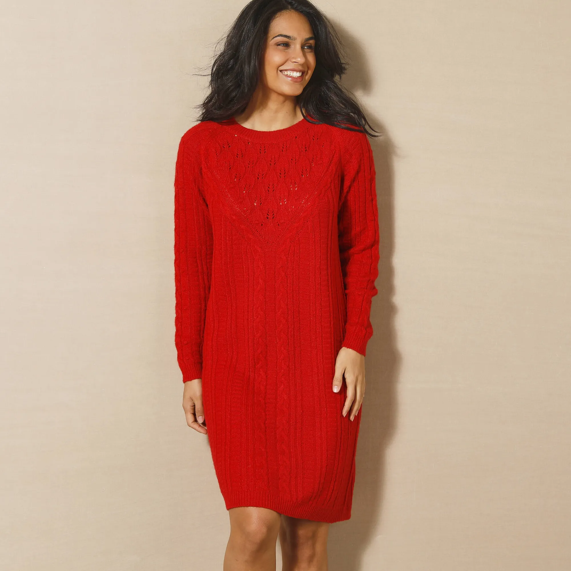 Jurk<Blancheporte Trui-jurk in kabeltricot rood