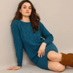 Jurk<Blancheporte Trui-jurk in kabeltricot pauwblauw
