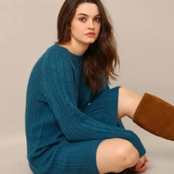 Jurk<Blancheporte Trui-jurk in kabeltricot pauwblauw